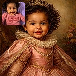 A joyful toddler with curly hair is smiling warmly at the camera, wearing a pink shirt that says 'GRANDMA's mini beetle,' lying on a purple blanket with a cozy, casual vibe.
