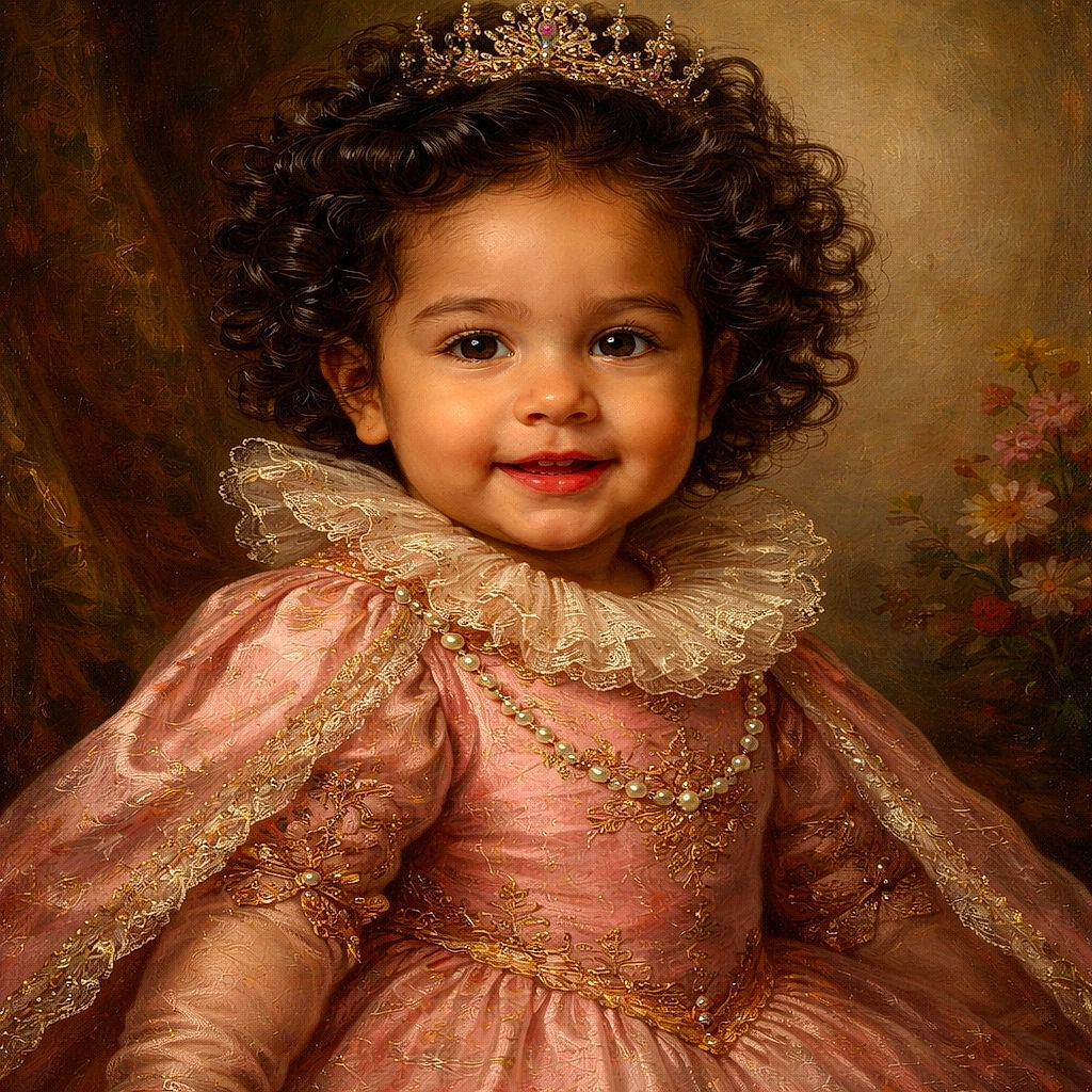 A joyful toddler with curly hair is smiling warmly at the camera, wearing a pink shirt that says 'GRANDMA's mini beetle,' lying on a purple blanket with a cozy, casual vibe.