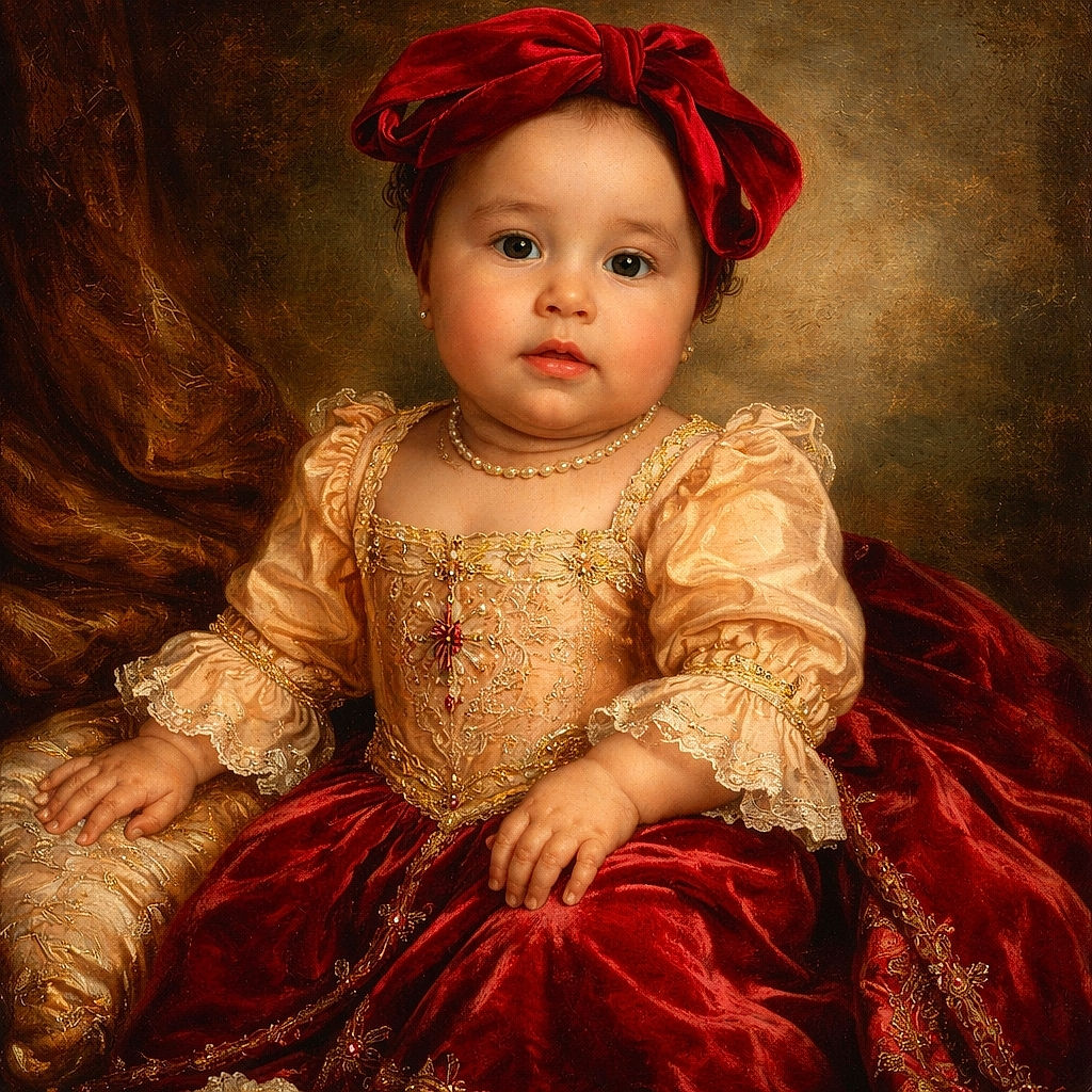A tiny valentine commander: chubby-cheeked baby in a giant red bow and velvet pants lounges on a soft beige blanket, sporting a hearty "My First Valentine's Day" onesie and an expression that mixes curiosity with mild judgment.