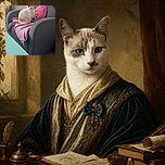 A white-and-gray cat sits proudly on a pink blanket in a gray armchair, looking like the tiny monarch of the living room while a colorful cartoon cushion provides royal upholstery. The turquoise coffee table waits nearby, presumably for snacks and dramatic feline judgment.