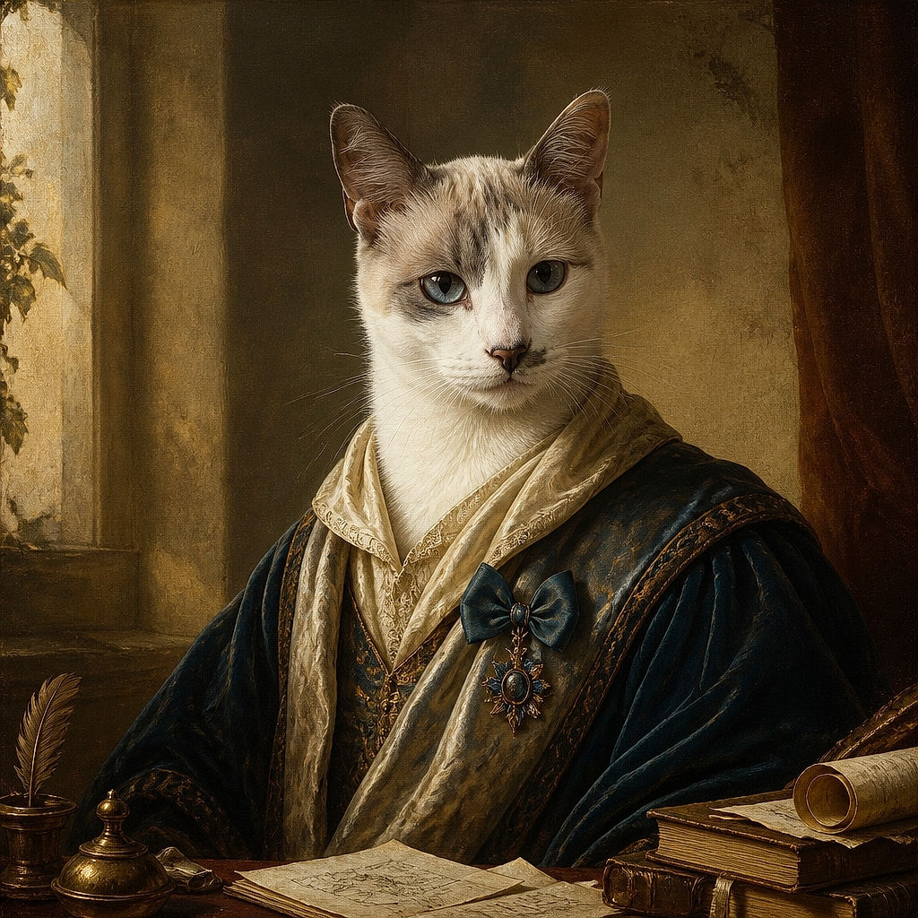 A white-and-gray cat sits proudly on a pink blanket in a gray armchair, looking like the tiny monarch of the living room while a colorful cartoon cushion provides royal upholstery. The turquoise coffee table waits nearby, presumably for snacks and dramatic feline judgment.