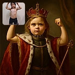 A determined young child stands barefoot on a tiled floor, flexing their muscles like a tiny superhero, wearing a black headband and sporty shorts against a plain wall backdrop.