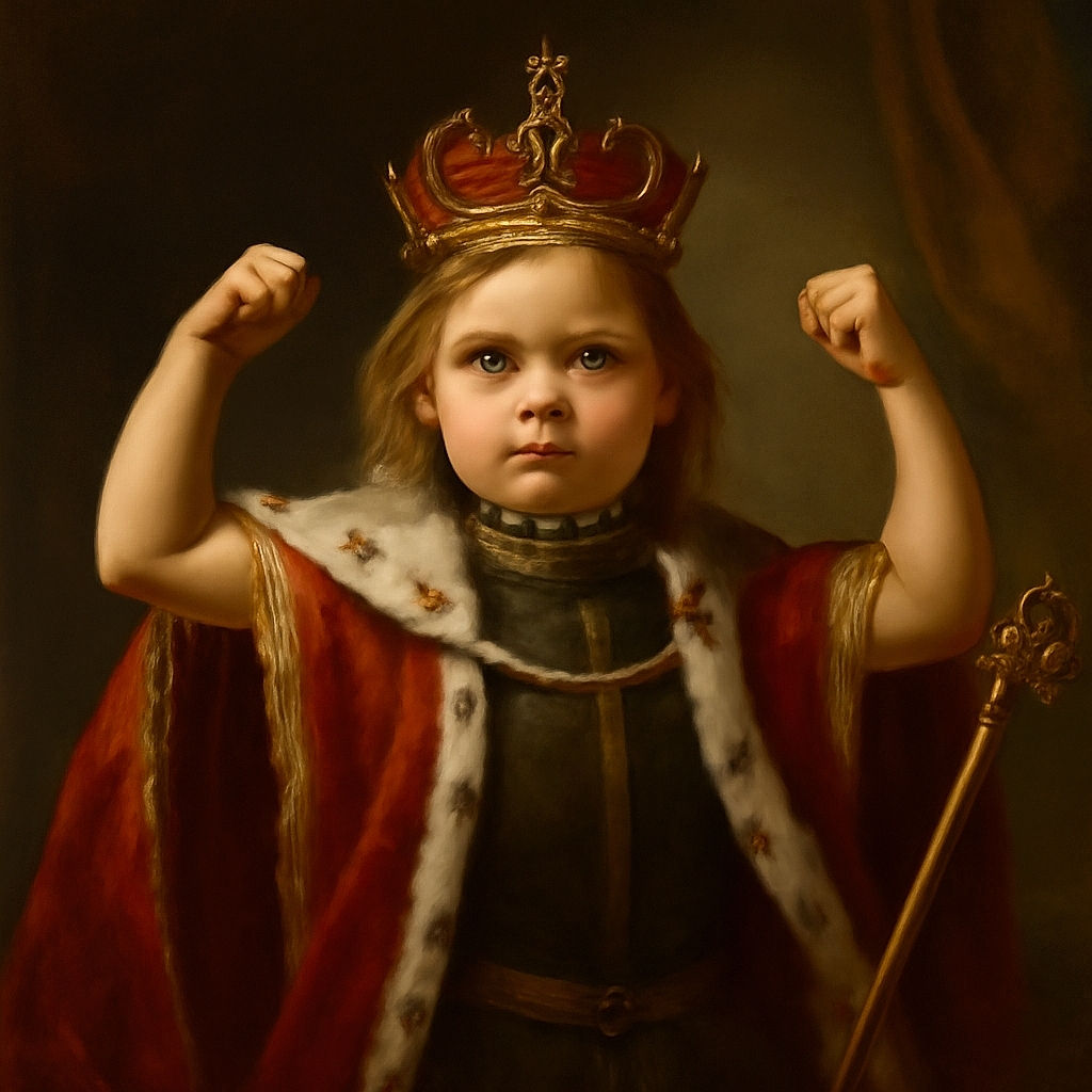 A determined young child stands barefoot on a tiled floor, flexing their muscles like a tiny superhero, wearing a black headband and sporty shorts against a plain wall backdrop.