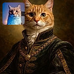 A dignified orange tabby giving the classic 'pet.Me.now' stare — dramatic blue-and-warm lighting turns its whiskers into runway spotlights while the fluffy chest steals the scene.