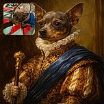 A small dog wearing a protective cone and a blue shirt lies resting on a colorful striped blanket, looking a bit forlorn but cozy in its soft surroundings.