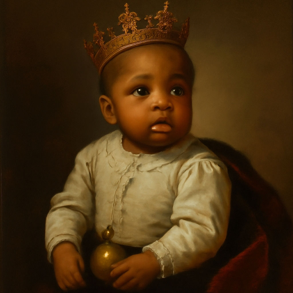 A curious baby with big, wide eyes and a slightly open mouth is sitting up, clutching a small orange pumpkin. The baby wears a light gray shirt with a cute tractor graphic and green socks, set against a softly blurred indoor background that highlights the child as the focal point.