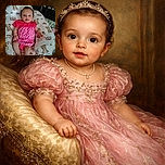 A cheerful baby dressed in a pink ladybug-patterned outfit is comfortably seated on a teddy bear-themed cushion, looking curiously at the camera with big, bright eyes and a tiny flower clip in her hair.