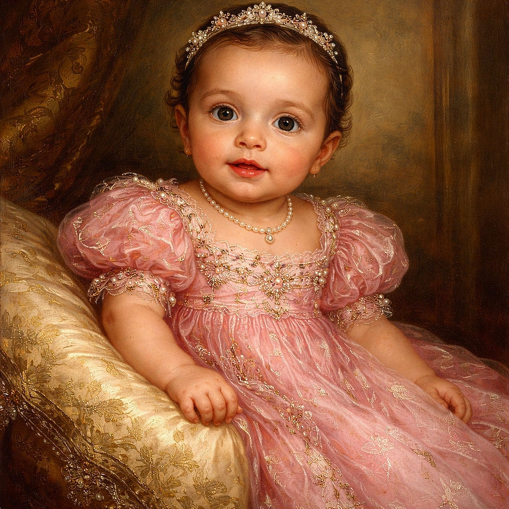 A cheerful baby dressed in a pink ladybug-patterned outfit is comfortably seated on a teddy bear-themed cushion, looking curiously at the camera with big, bright eyes and a tiny flower clip in her hair.