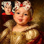 A close-up photo of a baby wearing a red outfit and a large white bow with red hearts on their head, making a funny face with pursed lips. The background is dark with some patterned fabric.