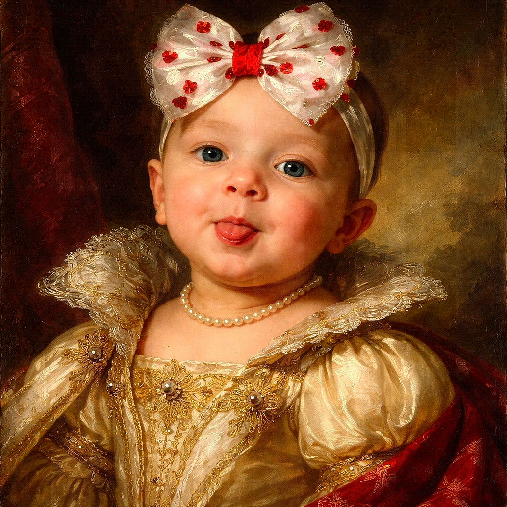 A close-up photo of a baby wearing a red outfit and a large white bow with red hearts on their head, making a funny face with pursed lips. The background is dark with some patterned fabric.