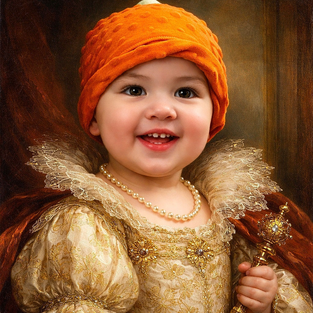 A close-up of a smiling toddler wearing a bright orange hat and matching shirt, showing tiny teeth and sparkling eyes, with a cozy background that makes you want to pinch those cheeks.