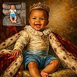 A joyful toddler sitting on a plush brown couch, waving their hands excitedly with a wide smile showing tiny teeth, wearing a colorful shirt and bright blue shorts, bringing a burst of happiness to the cozy living room scene.