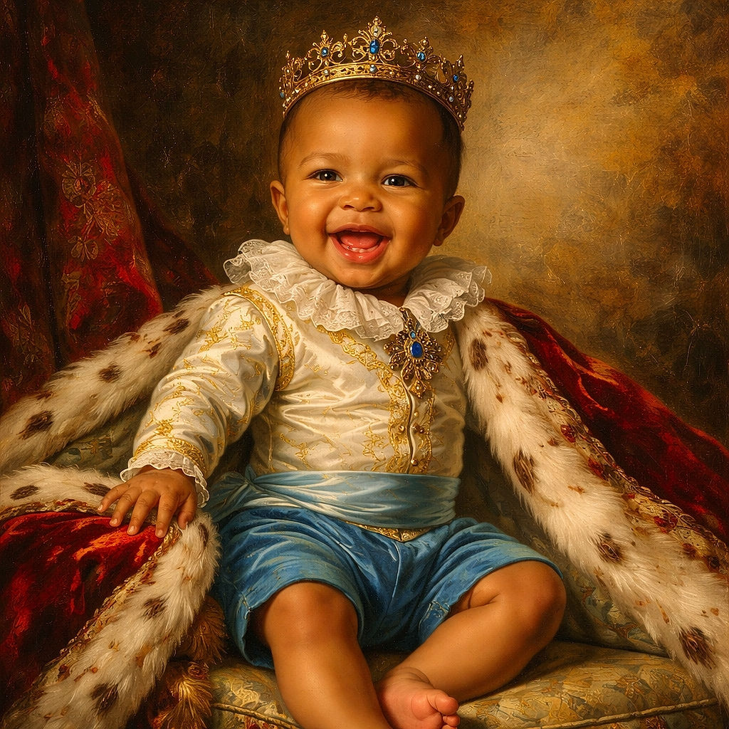 A joyful toddler sitting on a plush brown couch, waving their hands excitedly with a wide smile showing tiny teeth, wearing a colorful shirt and bright blue shorts, bringing a burst of happiness to the cozy living room scene.
