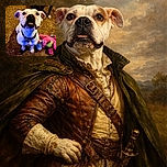 A charming white dog with a black collar looks up eagerly with a slightly goofy grin, sitting on a brown carpet next to a colorful pink and green stuffed toy. Another dog is partially visible in the background, adding to the cozy indoor scene.