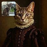 A curious tabby cat sits gracefully on a windowsill, gazing intently at the camera with big, expressive eyes. The sunlight softly filters through the slightly smudged window behind, casting a gentle glow on the cat's striped fur, while a healthy green potted plant adds a touch of nature to the cozy indoor scene.