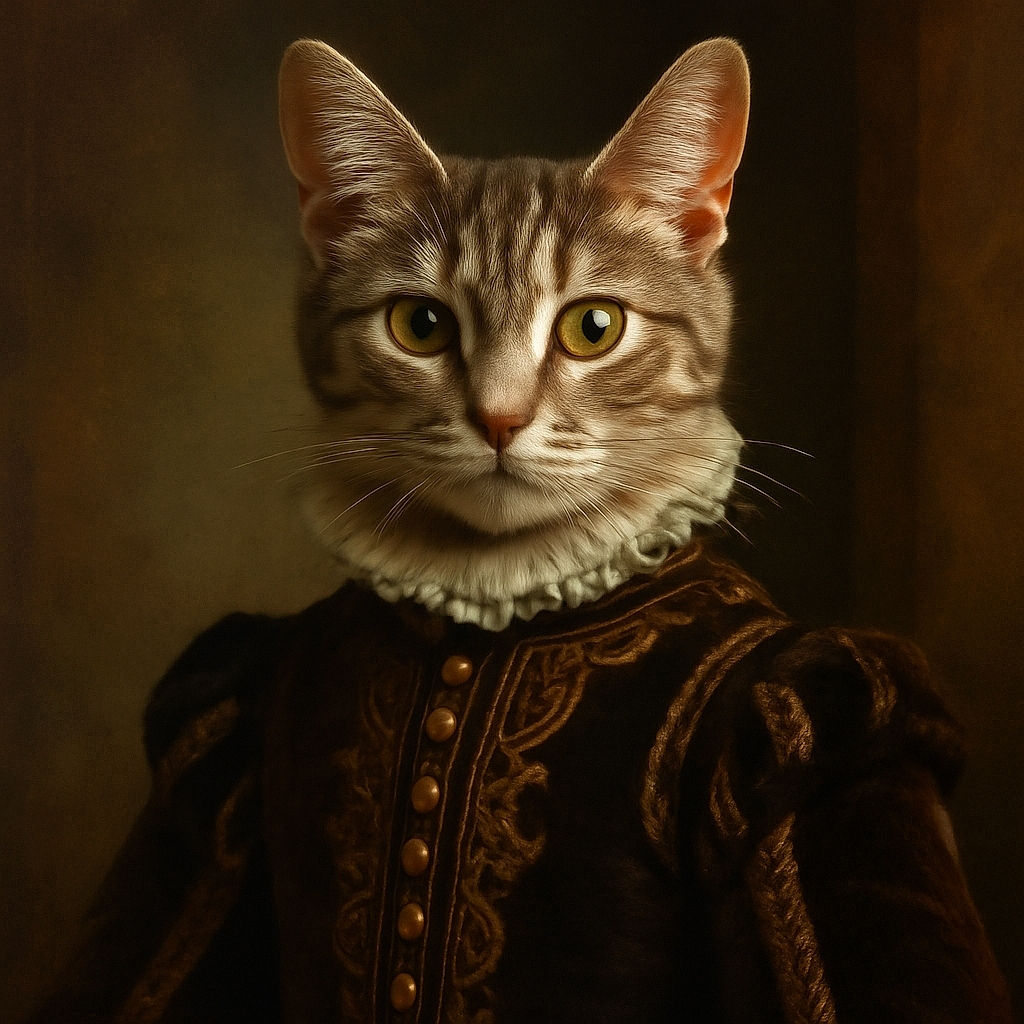 A curious tabby cat sits gracefully on a windowsill, gazing intently at the camera with big, expressive eyes. The sunlight softly filters through the slightly smudged window behind, casting a gentle glow on the cat's striped fur, while a healthy green potted plant adds a touch of nature to the cozy indoor scene.