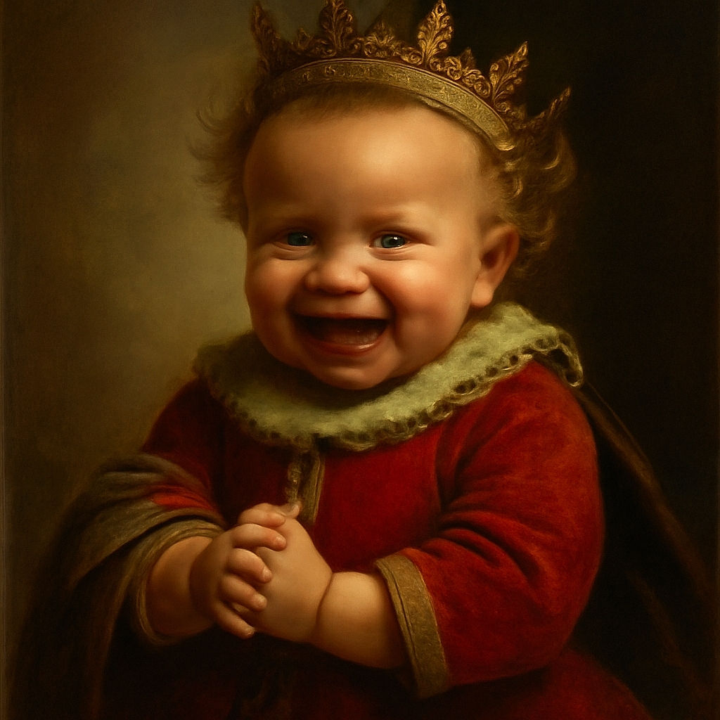 A joyful baby with curly hair and bright eyes is giggling heartily while wearing a cozy pink jacket, held gently by a hand in a casual home setting with a colorful cartoon playing on the TV in the background.