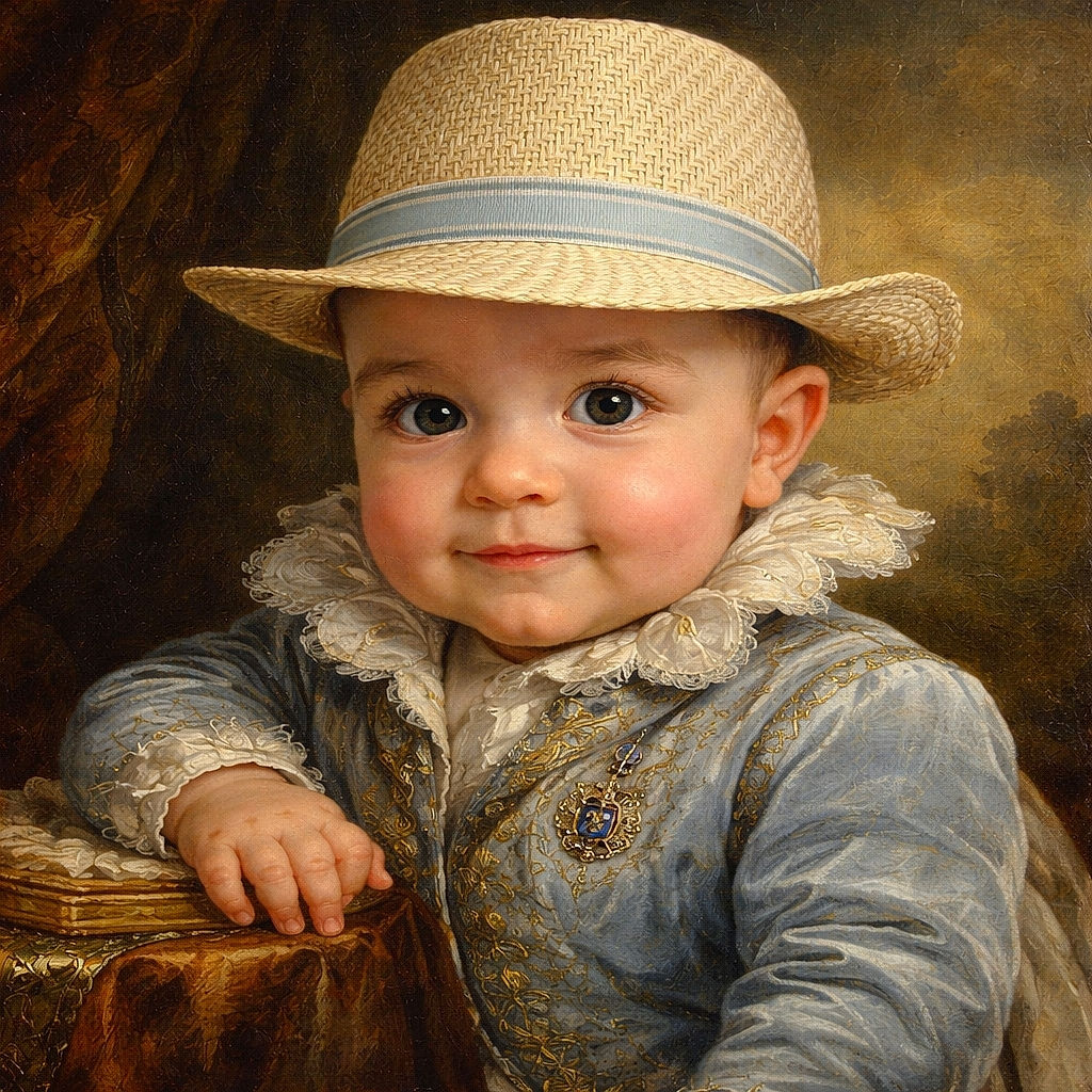 A chubby-cheeked baby wearing a jaunty straw fedora and a puffy blue jacket gives an irresistibly smug little smile — eyes wide, lashes long, and hat way too stylish for nap time.