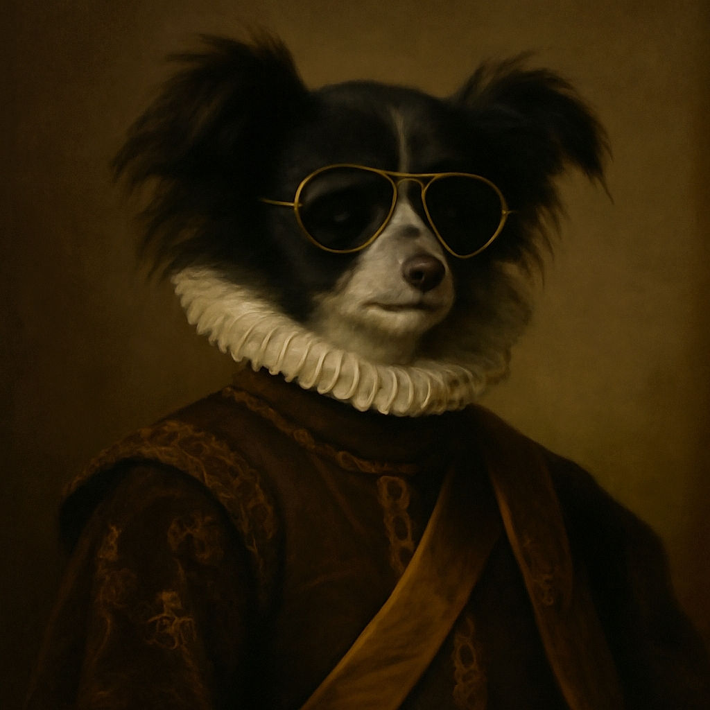 A small black and white dog wearing oversized aviator sunglasses is being held up by a person in a cozy wood-paneled room, striking a cool and confident pose as if ready to star in a canine action movie.