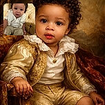 A curious toddler with big expressive eyes sits on a vintage patterned yellow couch, wearing a white polo shirt and beige shorts, looking slightly puzzled or inquisitive as if caught mid-question.