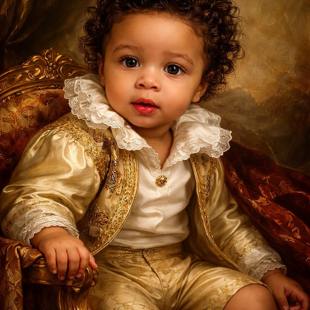 A curious toddler with big expressive eyes sits on a vintage patterned yellow couch, wearing a white polo shirt and beige shorts, looking slightly puzzled or inquisitive as if caught mid-question.