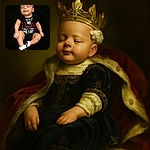 A cute baby with a peaceful smile is dressed in a black onesie with a sparkling message, wearing cozy Nike booties and a white flower headband, resting comfortably on a dark background.