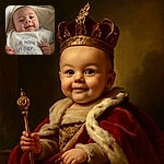 A smiling baby wrapped in a cozy white and blue bib with French text, lying comfortably on a soft beige blanket inside a cushioned chair. The baby looks content and curious, with bright eyes and a gentle smile, creating a warm and tender moment.