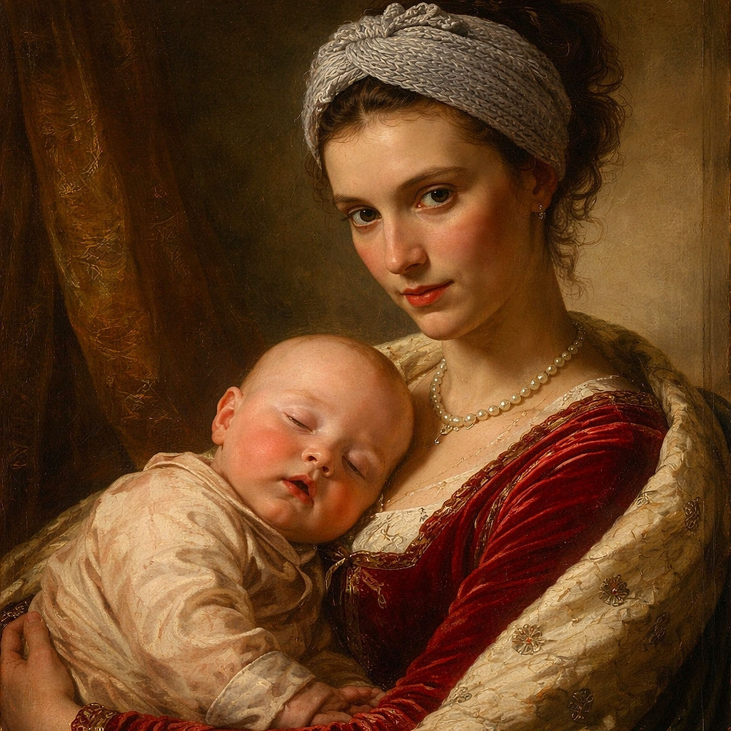 A sleepy baby dominates the shot as a proud, slightly tired guardian gives a smooch — cozy, candid and a bit grainy, with plush toys and a tiny mirror photobomb adding charm.