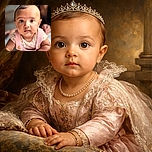 A wide-eyed baby with a curious expression is captured in a close-up shot, wearing a pink outfit with buttons and bracelets, while a blurred figure is in the background adding depth to the photo.