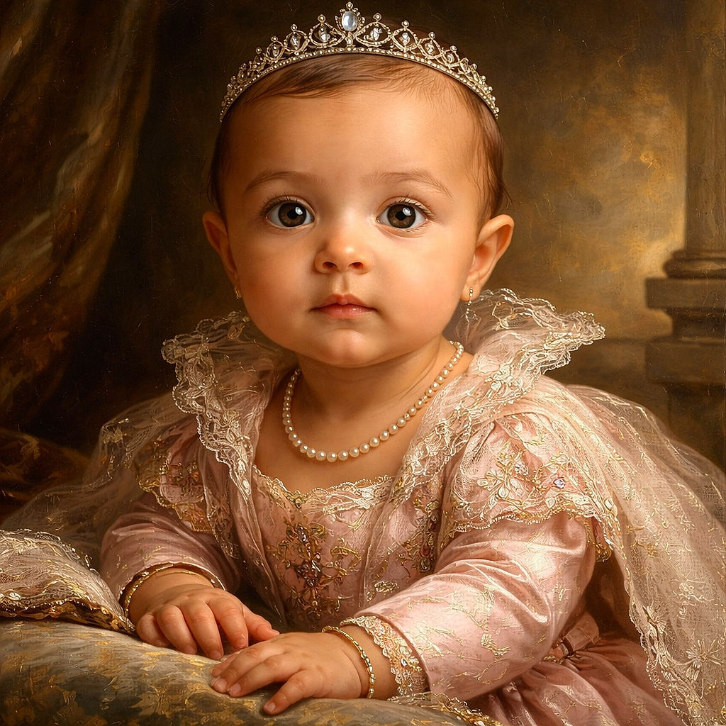 A wide-eyed baby with a curious expression is captured in a close-up shot, wearing a pink outfit with buttons and bracelets, while a blurred figure is in the background adding depth to the photo.