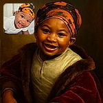 A joyful baby wearing a festive Halloween pumpkin-themed headband smiles brightly at the camera, eyes sparkling with curiosity and happiness, while dressed in a cozy white shirt and lying comfortably.