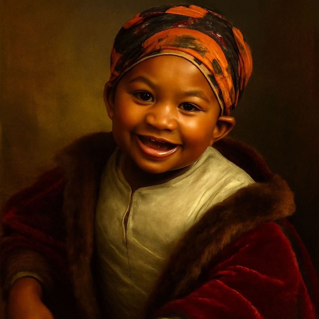 A joyful baby wearing a festive Halloween pumpkin-themed headband smiles brightly at the camera, eyes sparkling with curiosity and happiness, while dressed in a cozy white shirt and lying comfortably.