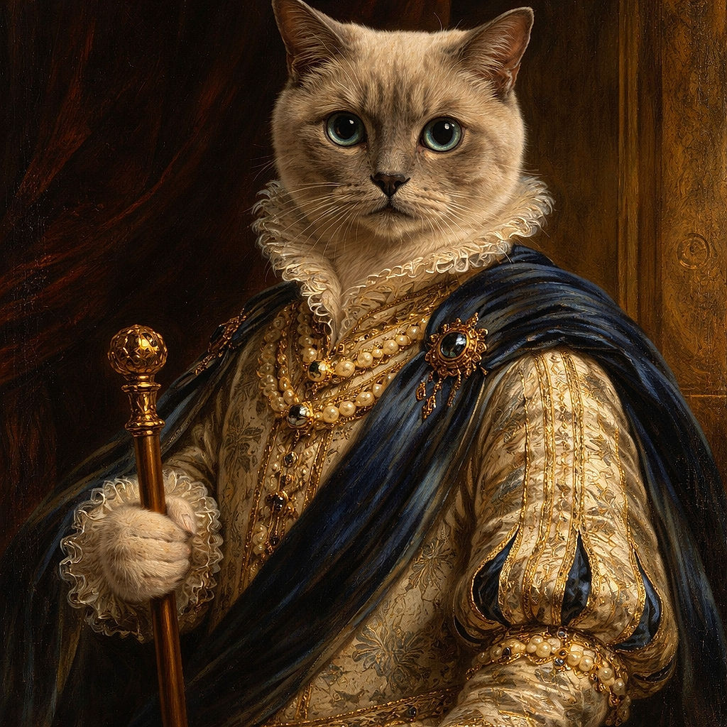 A fluffy cream-colored cat with strikingly large eyes stares directly into the camera, looking like it's plotting world domination or just waiting for a snack. The background is softly blurred with another cat silhouette, giving the photo a cozy, mysterious vibe.