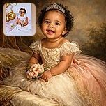 A joyful baby dressed in a cute tutu and a white shirt with a golden crown print, sitting on a white cloth scattered with pink and white flower petals. Behind the baby, a cluster of shiny gold and transparent balloons with gold confetti adds a festive vibe. The baby beams a wide smile, making the scene irresistibly adorable and celebratory.