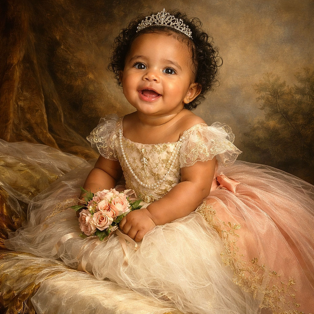 A joyful baby dressed in a cute tutu and a white shirt with a golden crown print, sitting on a white cloth scattered with pink and white flower petals. Behind the baby, a cluster of shiny gold and transparent balloons with gold confetti adds a festive vibe. The baby beams a wide smile, making the scene irresistibly adorable and celebratory.