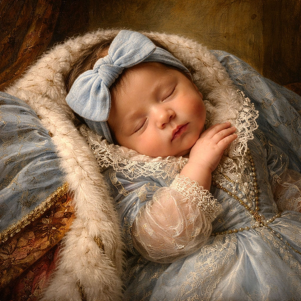 A peaceful newborn baby wrapped snugly in a blue knitted blanket with a matching blue bow headband, sleeping soundly on a cozy cream and blue textured cushion by a window with soft natural light.