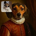 A happy, attentive dog with big floppy ears and a spotted coat stands on a tiled floor looking up with bright, eager eyes and a wide smile, as if ready for a game or a treat.