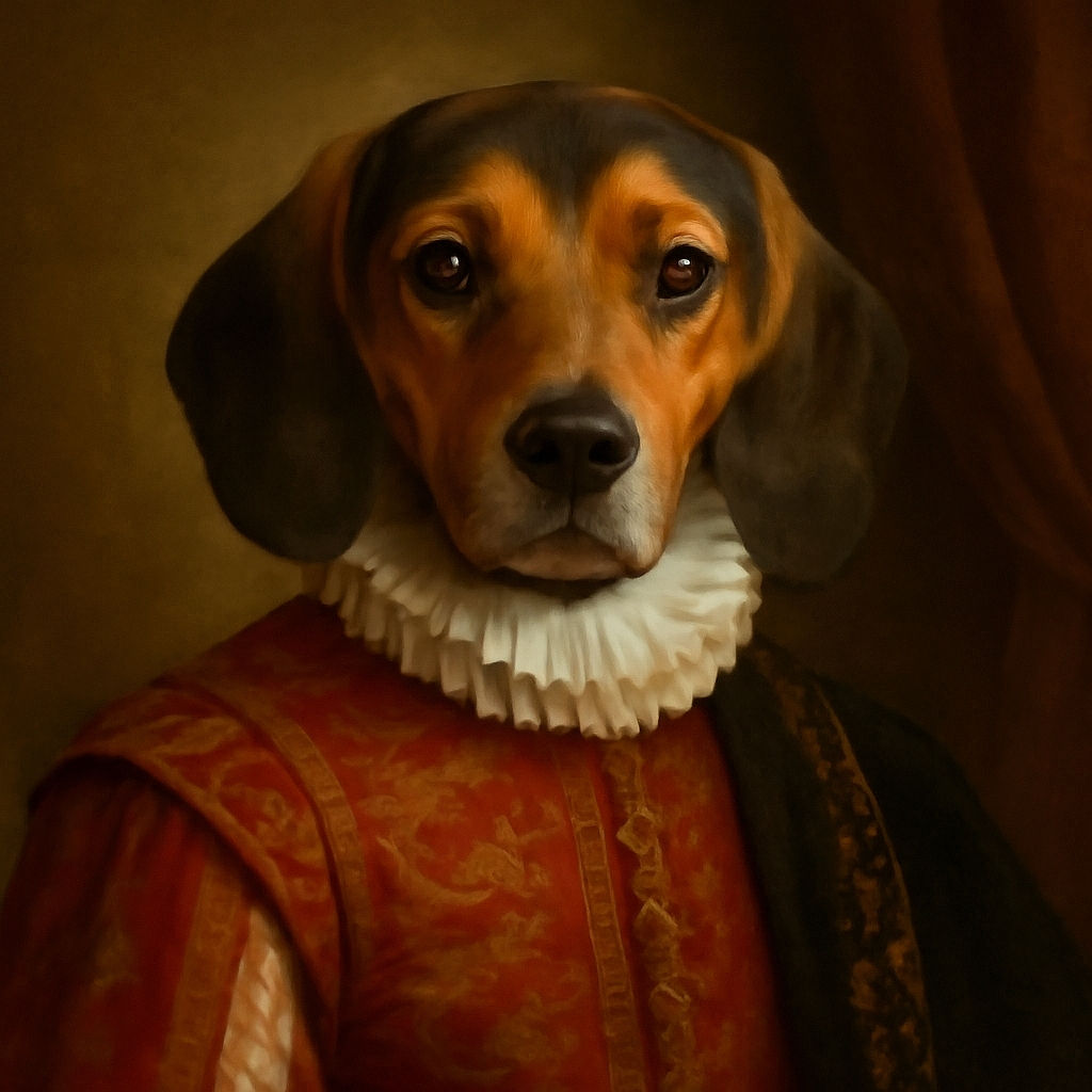 A happy, attentive dog with big floppy ears and a spotted coat stands on a tiled floor looking up with bright, eager eyes and a wide smile, as if ready for a game or a treat.
