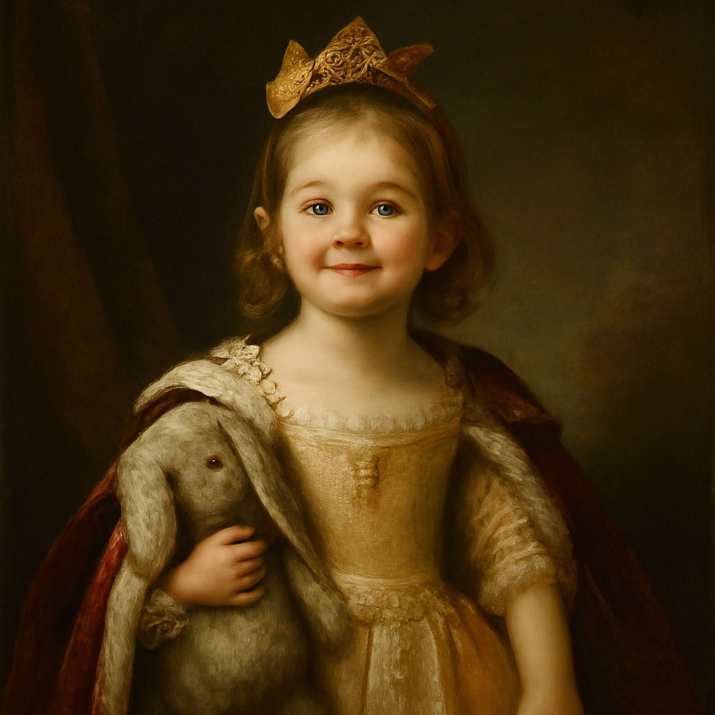 A cheerful little girl in a yellow dress and matching bow is hugging a fluffy stuffed bunny, flashing a big smile while standing barefoot on a tiled floor against a plain wall with an electrical outlet.