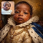 A close-up portrait of a curious baby with soft curls and a serious expression, dressed in a white onesie, being gently held against a warm wooden floor background with a blue chair in the distance.