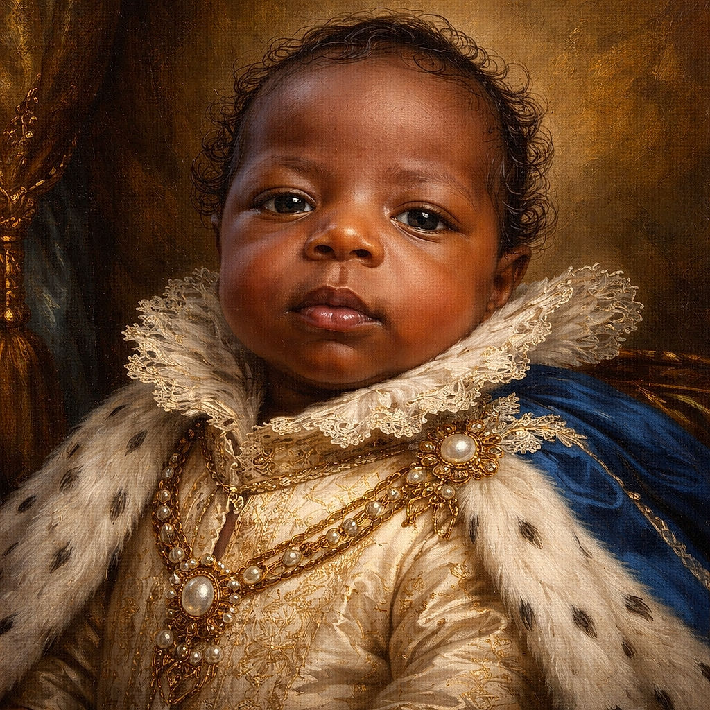 A close-up portrait of a curious baby with soft curls and a serious expression, dressed in a white onesie, being gently held against a warm wooden floor background with a blue chair in the distance.