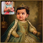 A beautifully dressed little child sits like a tiny royal fashion critic, clutching a bit of fabric while giving the camera a wonderfully serious side-eye. Bright patterned clothing, a flowing scarf, and leafy decor make the scene feel festive and regal.