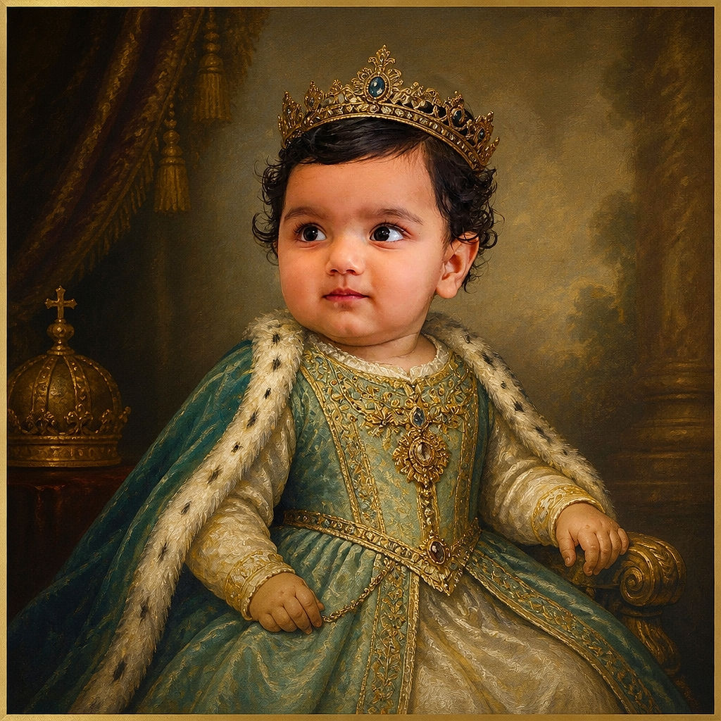 A beautifully dressed little child sits like a tiny royal fashion critic, clutching a bit of fabric while giving the camera a wonderfully serious side-eye. Bright patterned clothing, a flowing scarf, and leafy decor make the scene feel festive and regal.