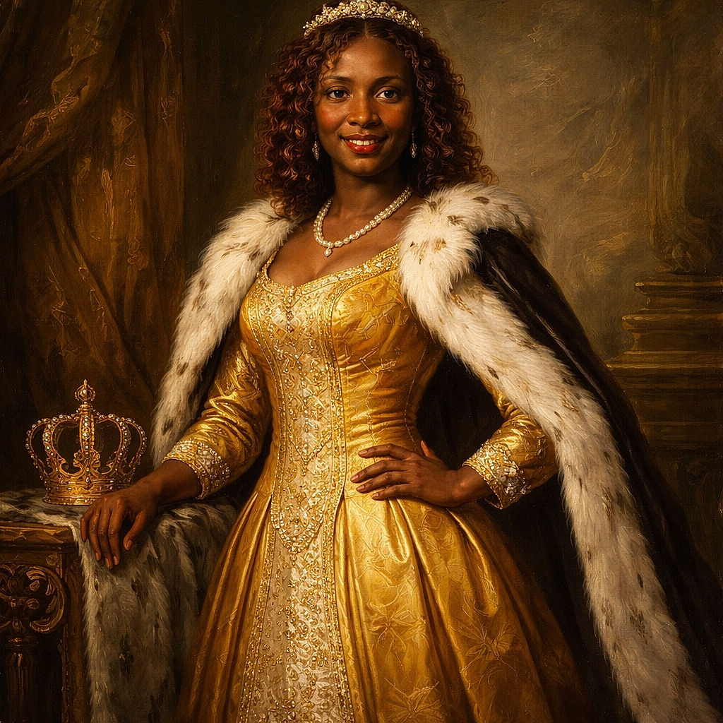 Two smiling adults and a small toddler pose under an arch of shiny gold balloons and sheer white curtains — one person in a bright yellow dress holds a pink phone, the other in a white dress holds the baby wearing a headband and striped skirt; everyone rocks sparkly cowboy boots and the baby gives a candid unimpressed side-eye while the backdrop whispers 'party time'.