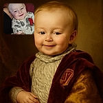 A smiling toddler with bright blue eyes lounges comfortably, wearing a playful shirt with a big red 'N' patch, nestled against a cozy reddish couch. The warmth of the moment shines through despite the casual snap.