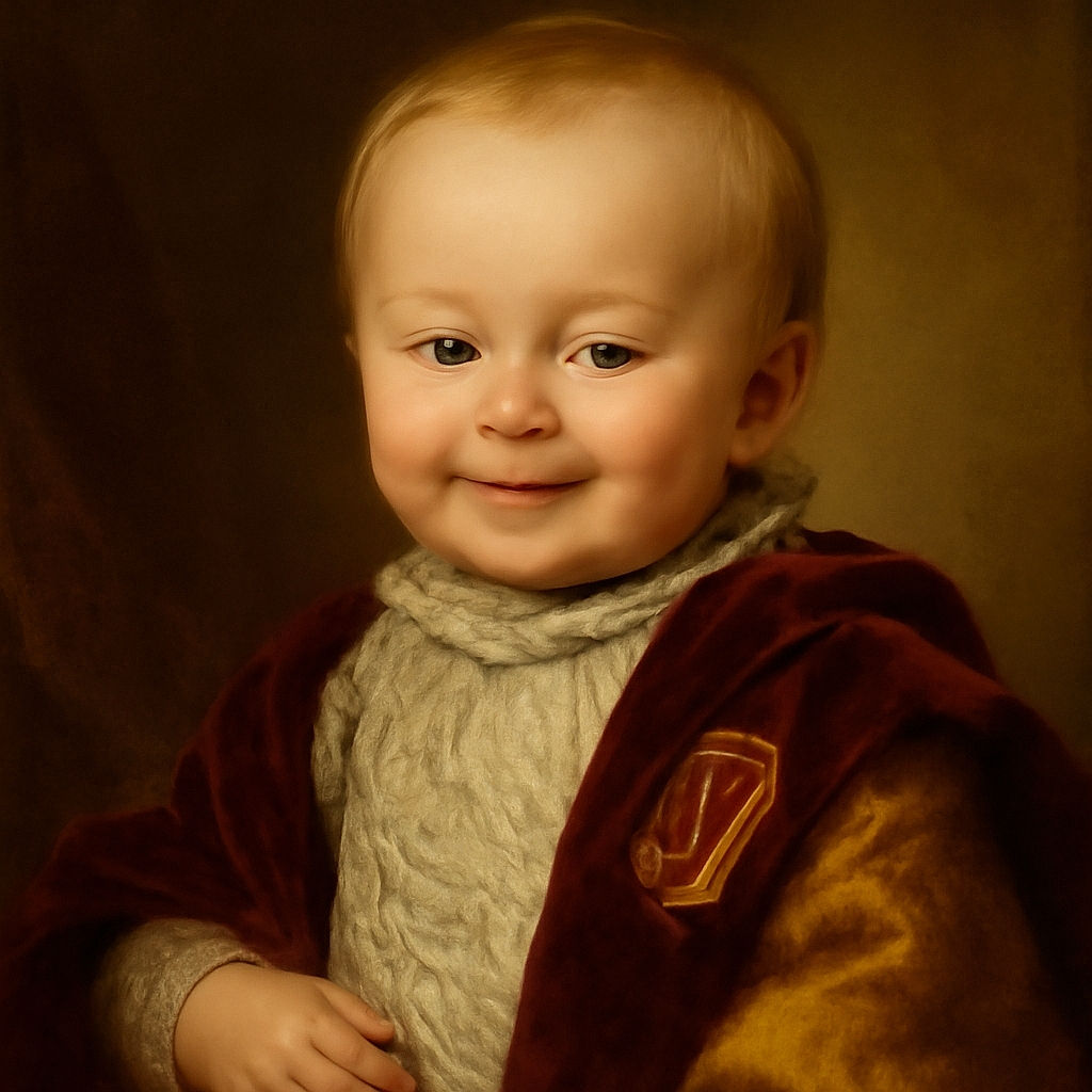 A smiling toddler with bright blue eyes lounges comfortably, wearing a playful shirt with a big red 'N' patch, nestled against a cozy reddish couch. The warmth of the moment shines through despite the casual snap.