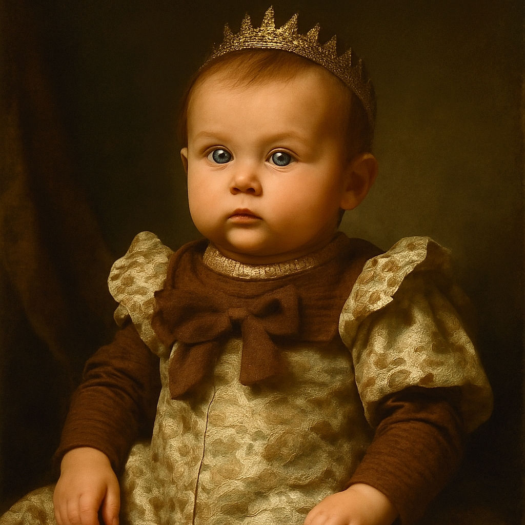 A curious baby dressed in a cozy outfit with woodland creatures printed on it, staring wide-eyed with a bit of drool, while clutching a pink Minnie Mouse pacifier, set against a softly blurred background of a cozy room.