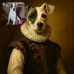 A cute puppy with a black patch over one eye sits on a cozy couch covered with blankets. The background shows some household items slightly out of focus, making the puppy the clear star of this warm, homey snapshot.
