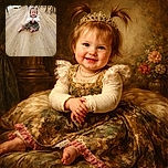 A cheerful toddler with playful pigtails sits on a wooden floor in a cozy room, grinning widely as if they've just mastered the art of cuteness. Behind them, adults stand casually near a dining table, adding a warm homey vibe.