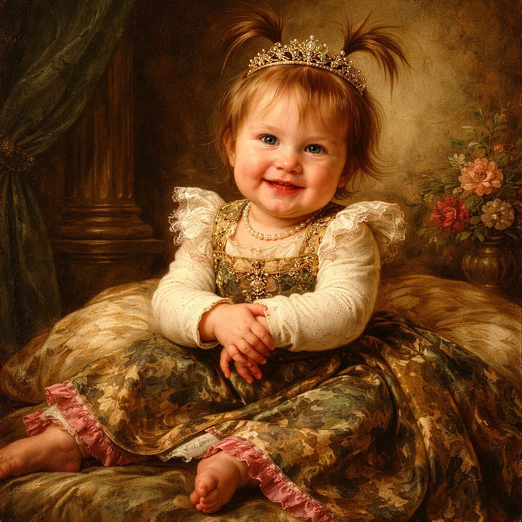 A cheerful toddler with playful pigtails sits on a wooden floor in a cozy room, grinning widely as if they've just mastered the art of cuteness. Behind them, adults stand casually near a dining table, adding a warm homey vibe.